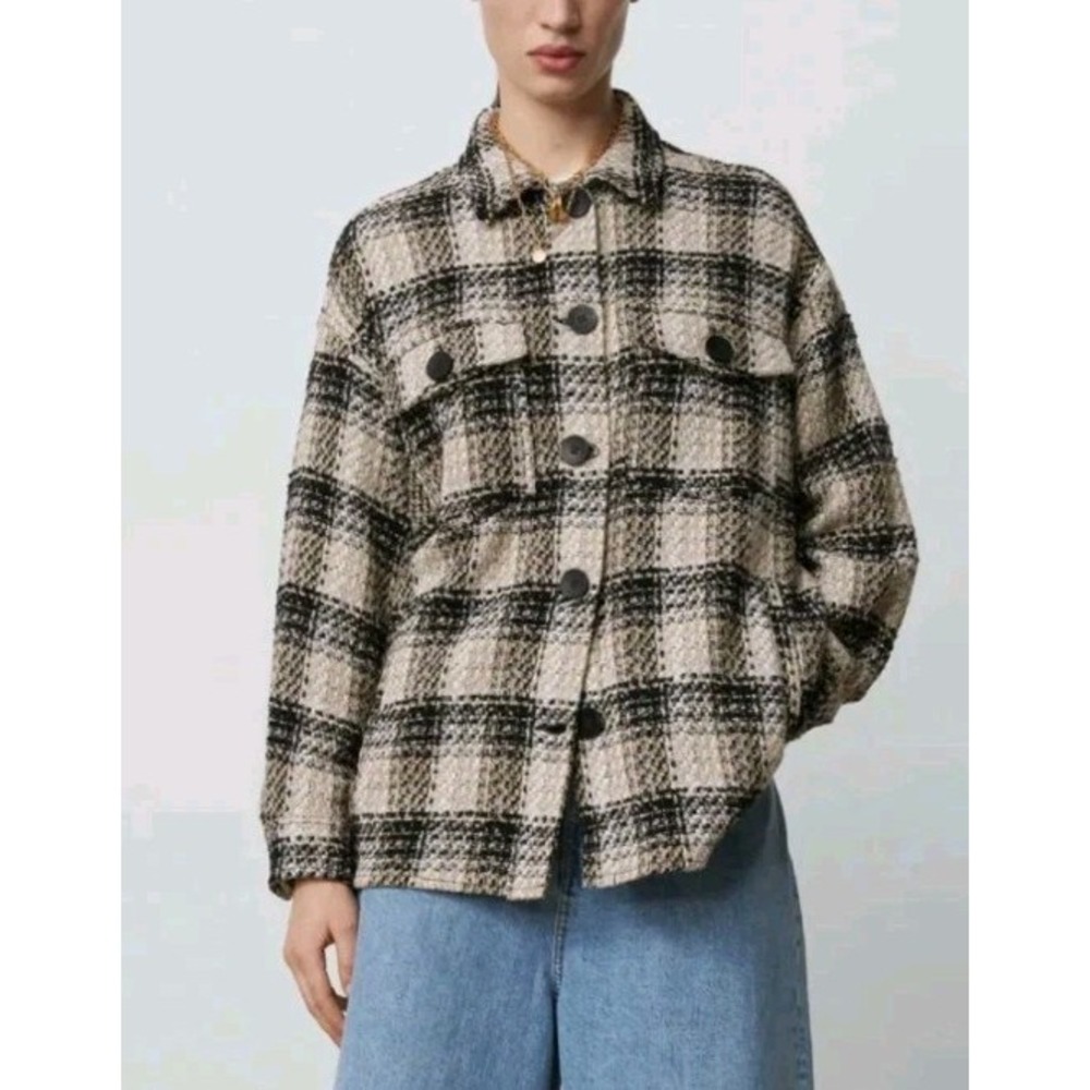ZARA Boucle Plaid Oversized Shacket Jacket Sz S‎ Black Beige Textured